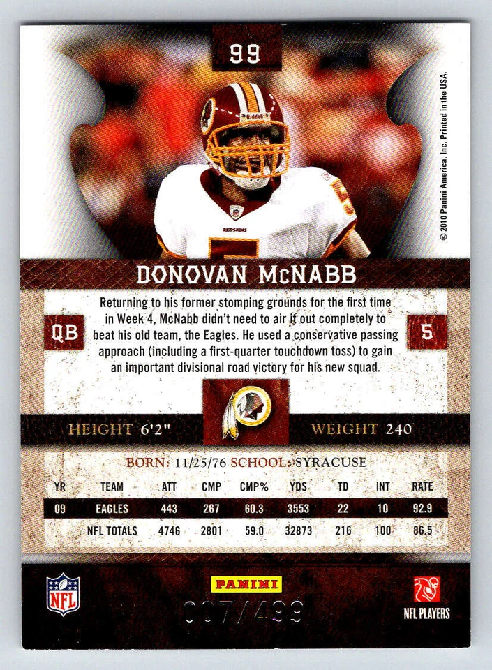 2010 Panini Plates and Patches #99 Donovan McNabb 499 (ref 196502) - Image 2 of 2