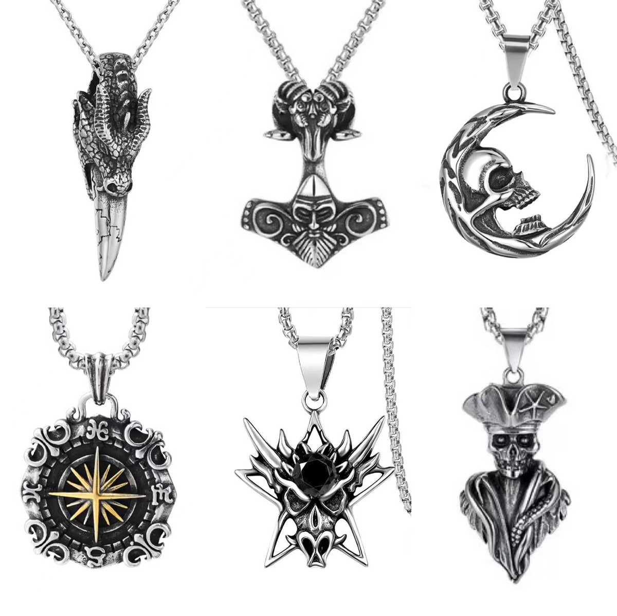 Mens Gothic Skull / Satanic Bull / North Star Compass Pendant