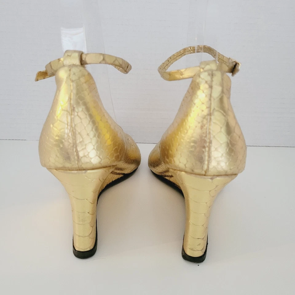 Zapatos de salón Hollywould Lolita dorados con cuña punta abierta cuero de reptil Italia mujeres 37,5 nuevos Foto 3 de 4