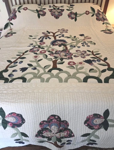 Vintage Tree of Life Applique Quilt Blue Border, Purple,Green KING 90x104 READ