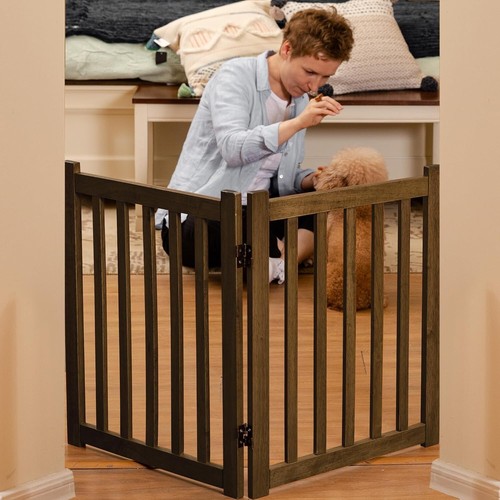 Elegant 2-Panel Freestanding Wooden Dog Gate - Adjustable and Stylish in Walnut - Picture 8 of 8