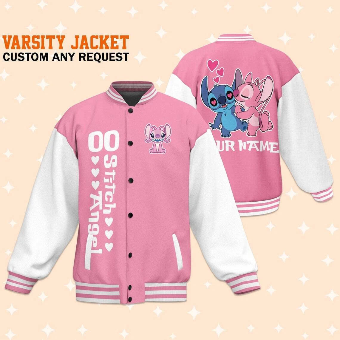 Custom Stitch and Angel Couple Pink Baseball Jacket, Adult Varsity Jacket