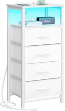 Night Stand - LED White Nightstand with Charging Station, Bedside Table with 4 S