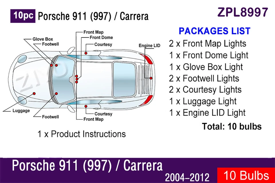 10 bombillas LED luz interior actualización blanca para Porsche 911 997 Carrera 2004-2012 Foto 2 de 4