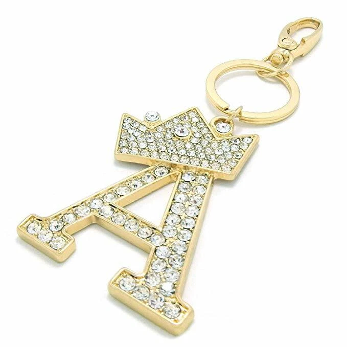 Rhinestone Studed Crown Alphabet Initial Letter A-Z Keychain Key Ring Bag  Charm