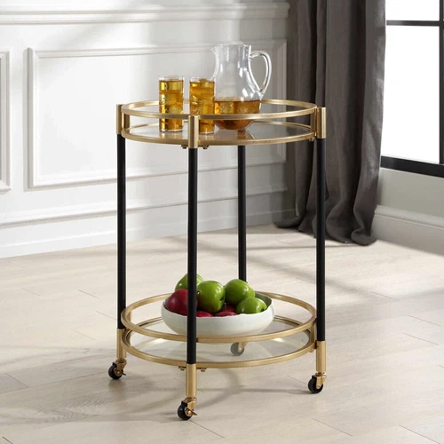 Dolly Bar Cart Table Glass Shelves Gold Black Rolling Cart ~ Uttermost 24198 - Picture 2 of 7