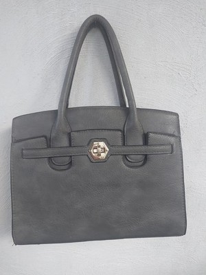 Grey Faux Leather Handbag Elegant Structured Tote Bag Gold Detail