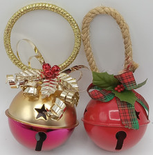 2 Large Metal Door Knob Hanging Christmas Ornament Red Gold Jingle Sleigh Bell