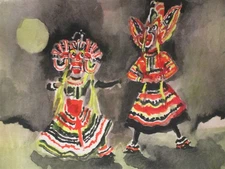 VTG MCM Gouache Painting  Andre Delfau French Abstract Modernist Vibrant Dancers