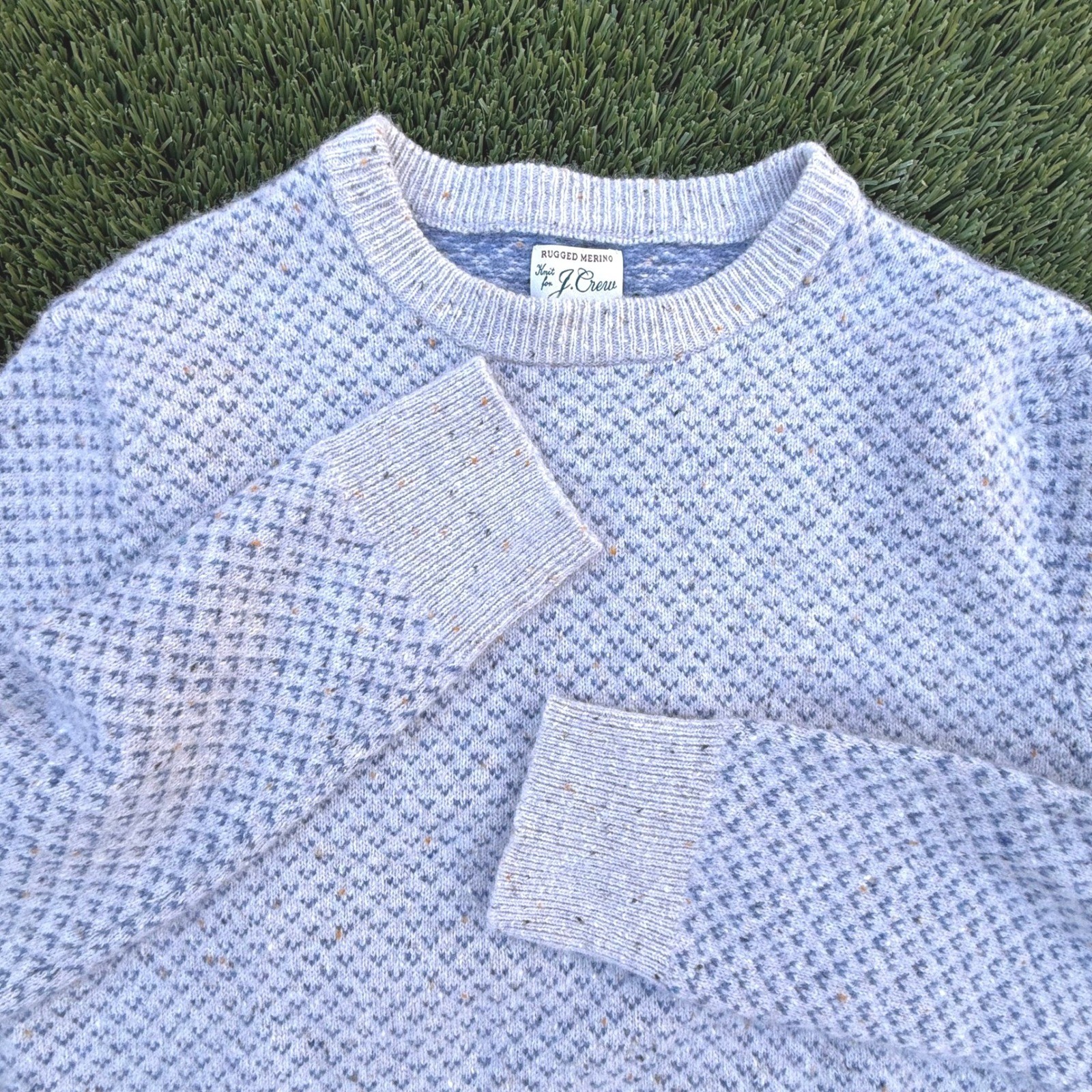 J.Crew Rugged Merino Wool Blend Birdseye Crewneck Sweater Blue White BD226 MT