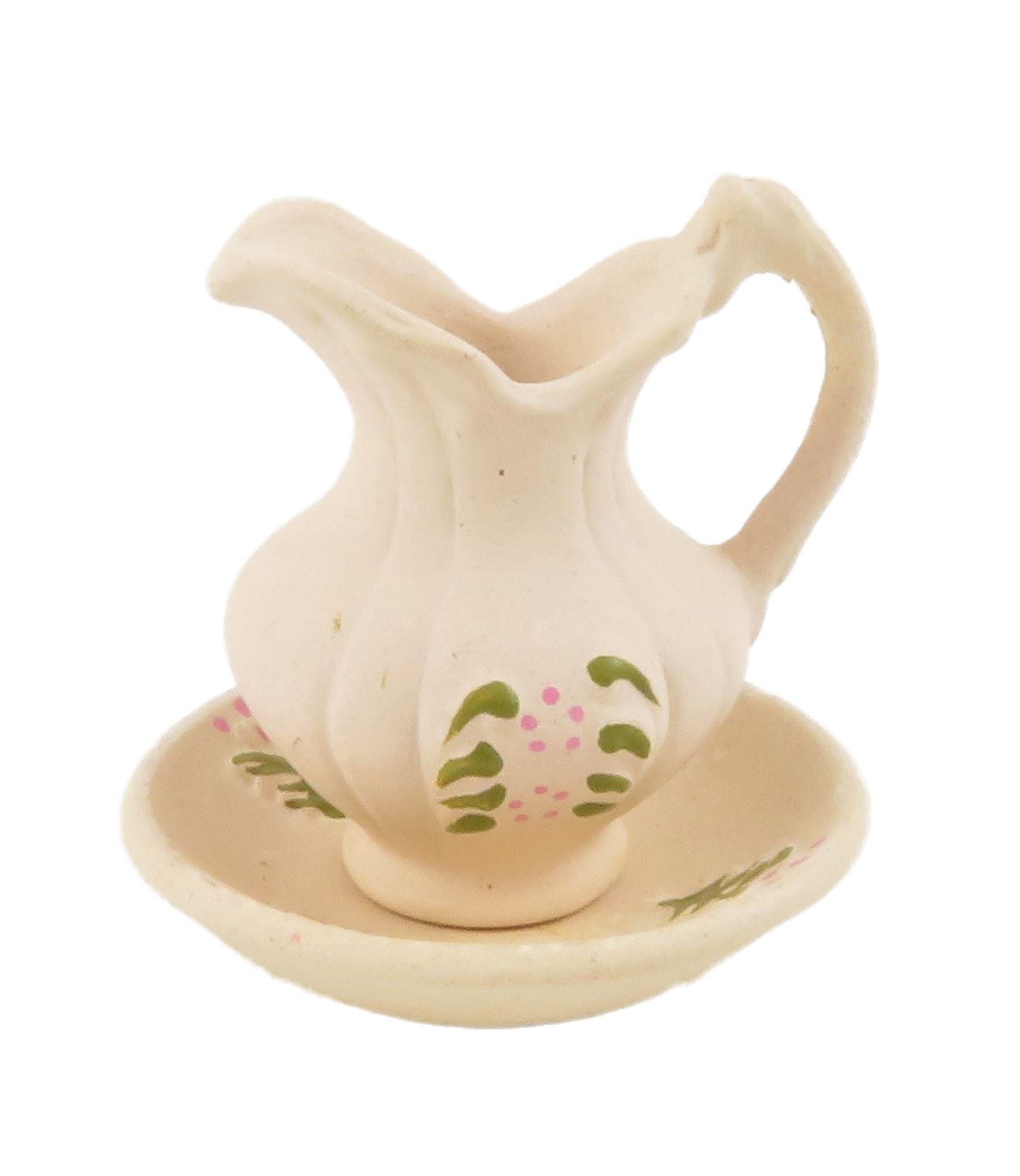 Dolls House Cream Floral Jug & Bowl Victorian Bedroom Accessory 1:12 Scale