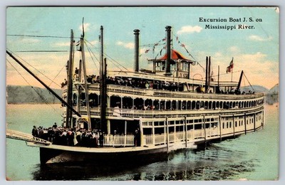 Excursion Boat J.S. on Mississippi River PM Clinton Iowa IA 1911 Postcard