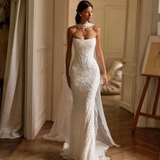 Lace Applique Wedding Dress Long Sleeve Button Up See Through Illusion BrideGown
