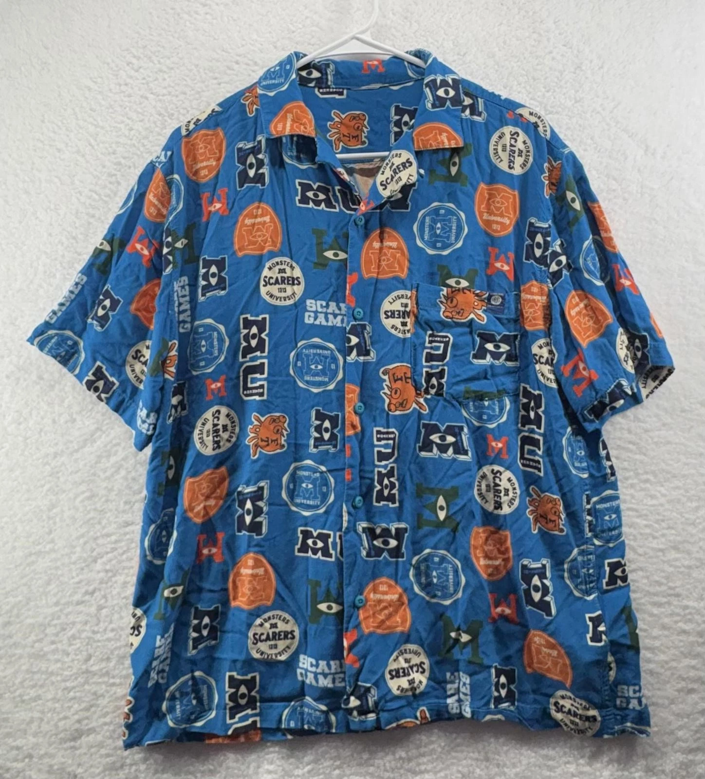Disney Monsters Inc University AOP Hawaiian Button Up Shirt Mens Medium