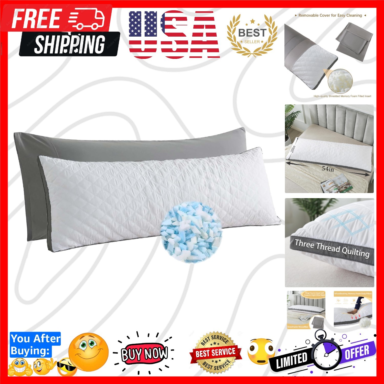 Memory Foam Body Pillow with Removable Pillowcase-Fluffy Body Pillows for Adu...