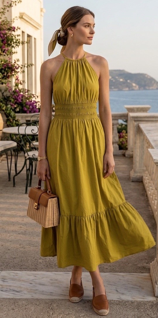 ⁠A New Day Yellow Cotton Halter Midi Dress Smocked Tiered Boho Pockets Small