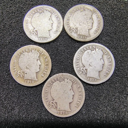 Lot of 5 - 1910-1914 Barber Dimes 10C - 90% Silver - Philadelphia Mint - AG-G