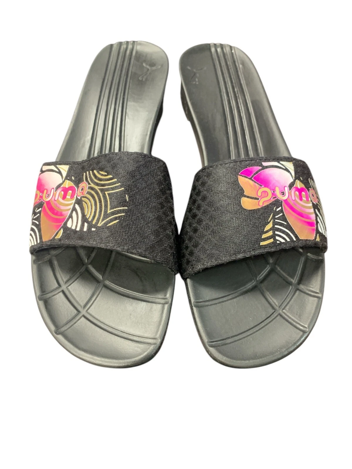 PUMA sandalo donna suola rigida slide tropicale Puma nero oro fucsia US 9