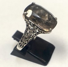 PRETTY LADIES STERLING SILVER SMOKEY QUARTZ RING INTRICATE BAND DESIGN SZ 9.25