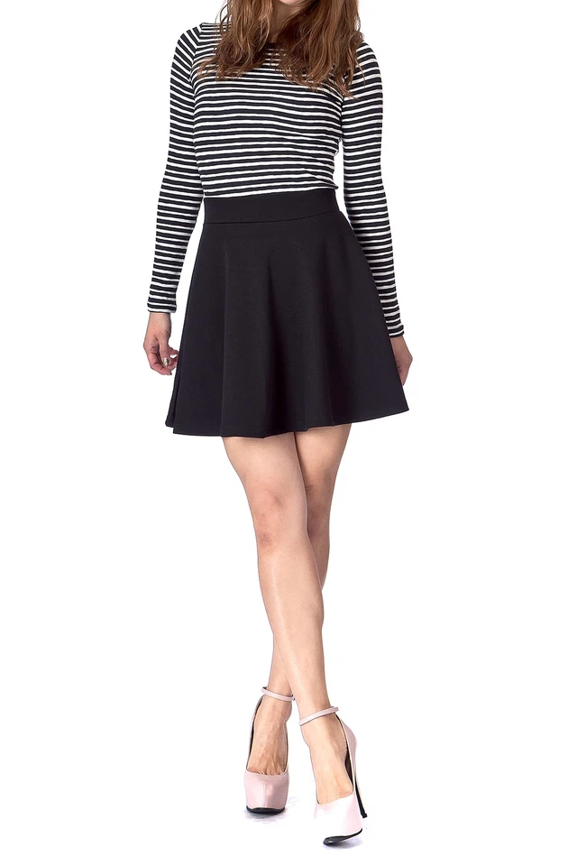 Minifalda básica de patinador informal acampanada de algodón elástico liso cintura alta línea A... Foto 3 de 4