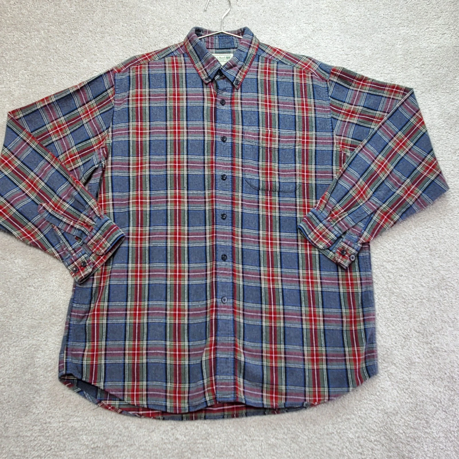 L.L. Bean Flannel Shirt Men Large Green Red Gray Plaid Work Office Ranch Outdoor
