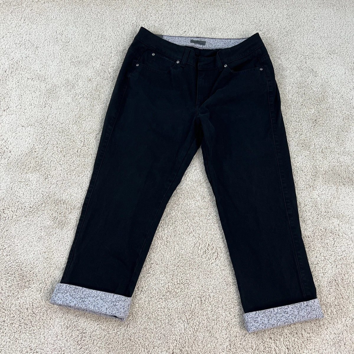 Wrangler Aura Womens Capris 10P Petite Pants Black Floral Cuffed Cropped Stretch