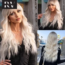 Platinum Blonde Long Water Wave Synthetic Wigs with Bang for Women Natural Hair