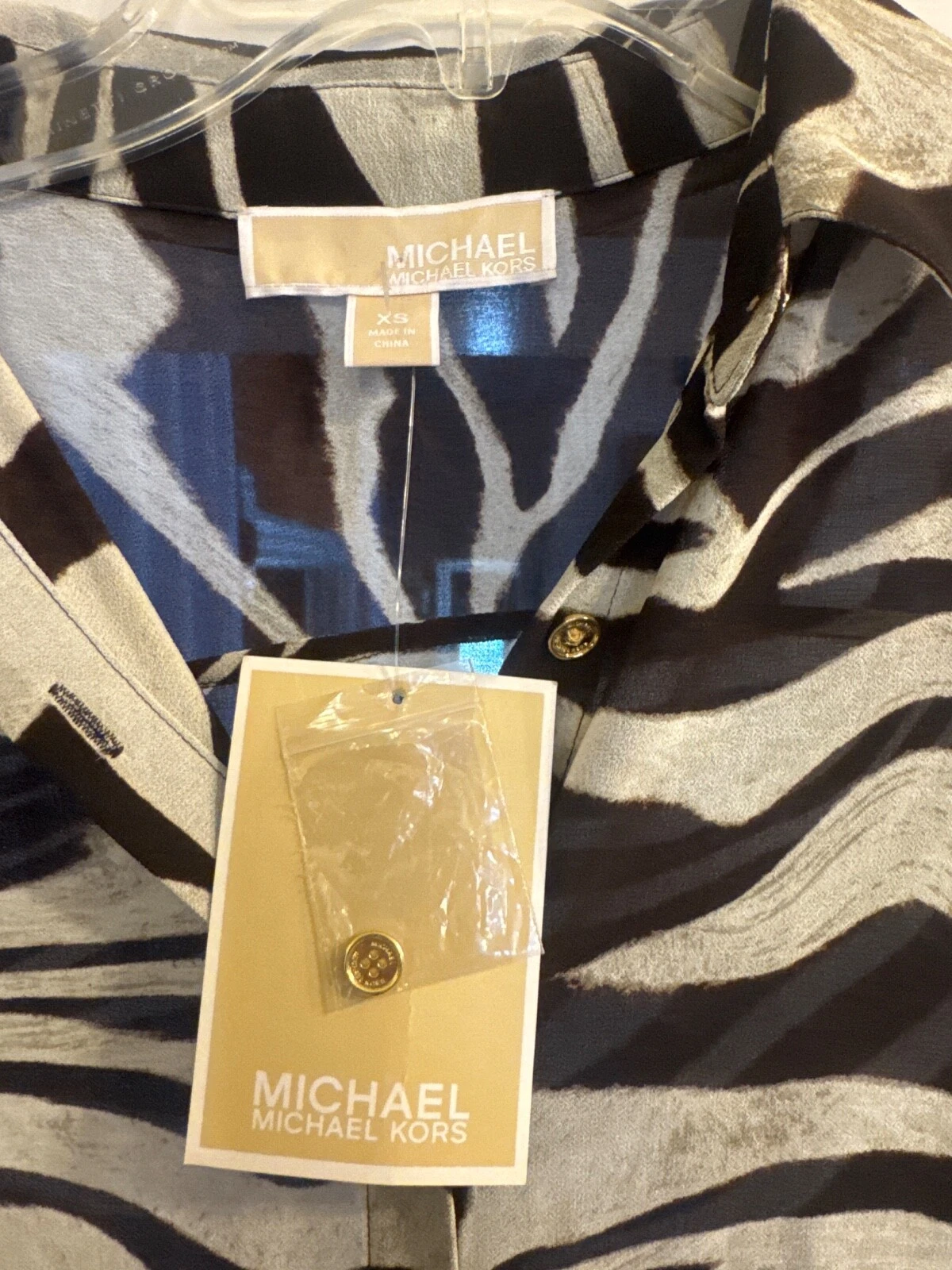 Abito lungo Michael Kors marrone stampa zebrata bottoni colletto trasparente nuovo con etichette TG XS