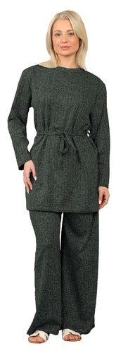 Women Round Neck Needle Ribbed 2 Piece Set Ladies Long Sleeve Belted Tracksuit - Picture 2 of 17
