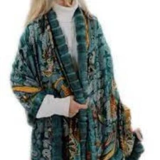 La Fiorentina Rex green orange rabbit Paisley shawl scarf poncho Made in Italy