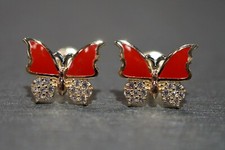 14K Solid Yellow Gold 0.5" x 0.4" Red Enamel Butterfly CZ Stud Earring.
