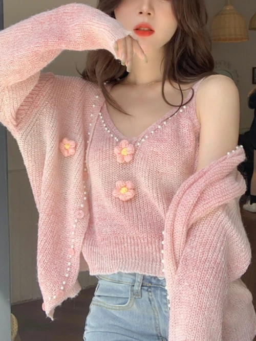 2 Piece Set Women Knitter Suits Pink Sweater Cardigan + Crop Tops Office  Lady