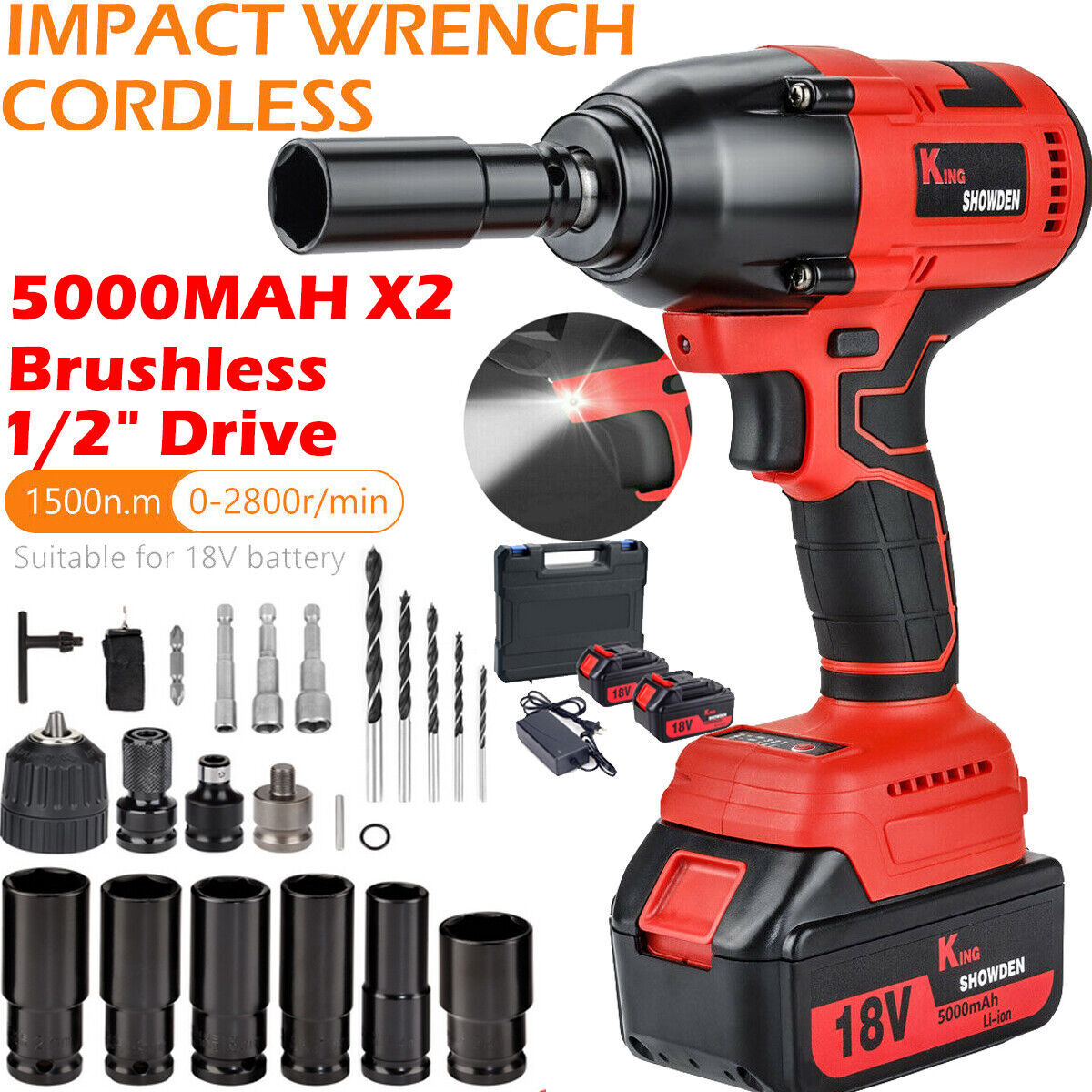 1500Nm Brushless Cordless Impact Wrench 1/2 Driver Electric Drill