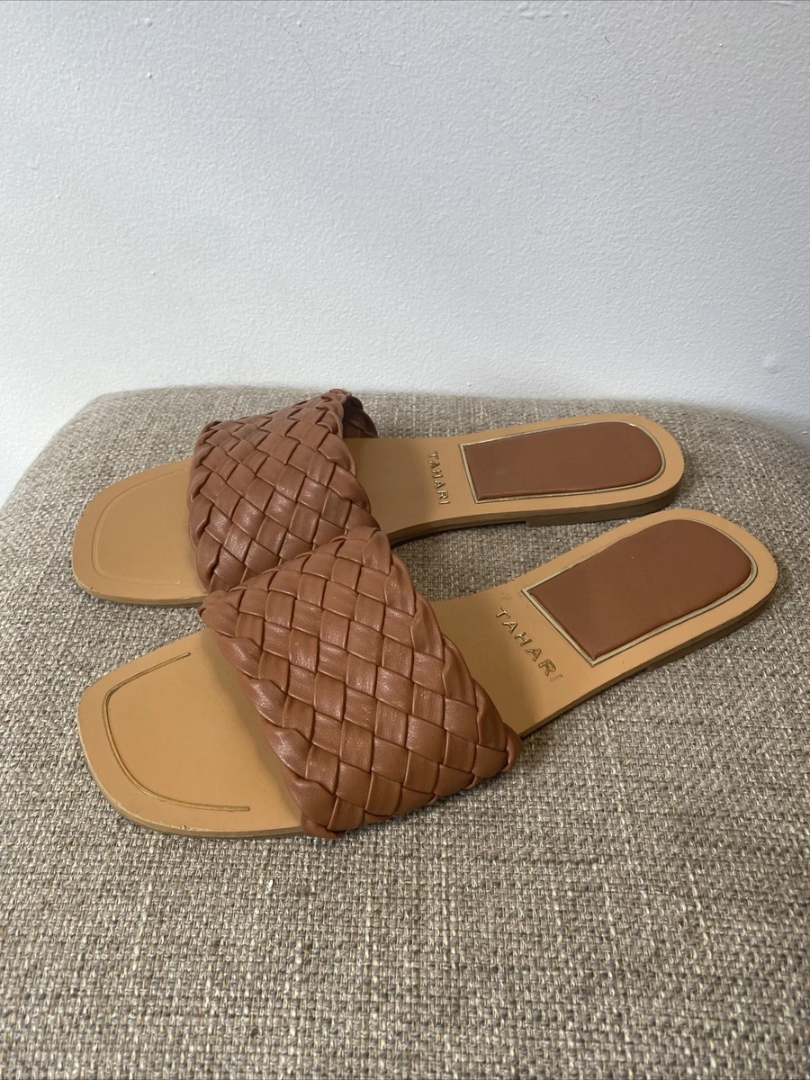 Tahari Women s Size 10 Melissa Brown Weaved Flat Slides Sandals