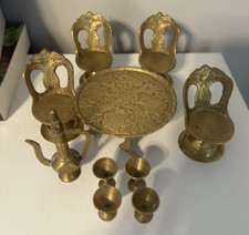 Lot of 10 Brass Miniature Dollhouse Furniture Table Chairs Cups Decanter Tea Set