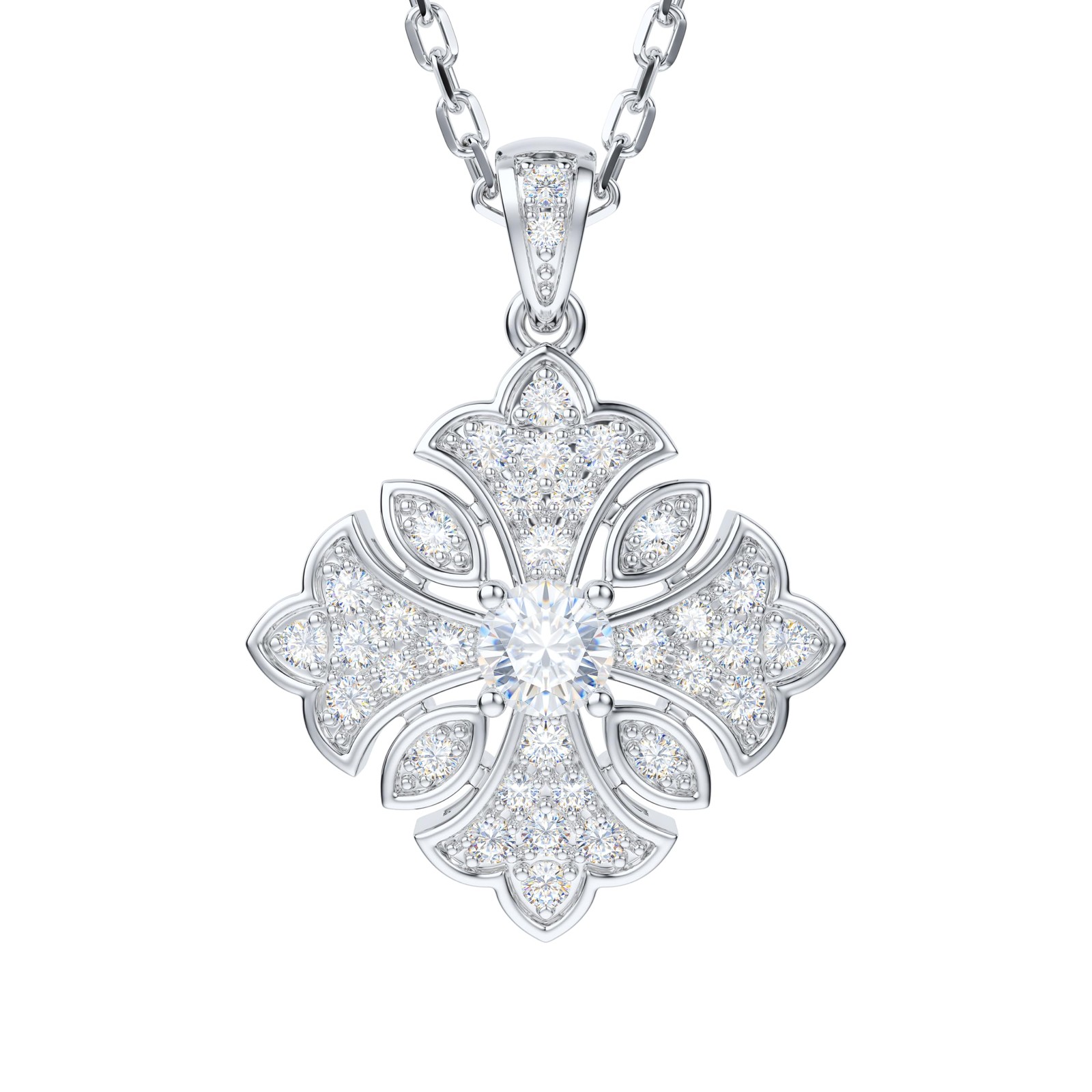 Vintage Moissanite Sterling Silver Cross Pendant with Clover Flourish Detail