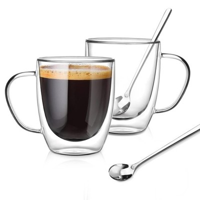Tazas de café de vidrio de doble pared con asa, taza espresso transparente 18 oz