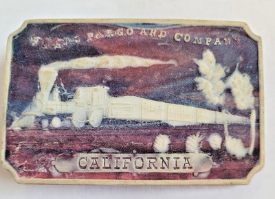 VTG Wells Fargo & Co Train California plastic buckle carved stone look 3.5'' wide