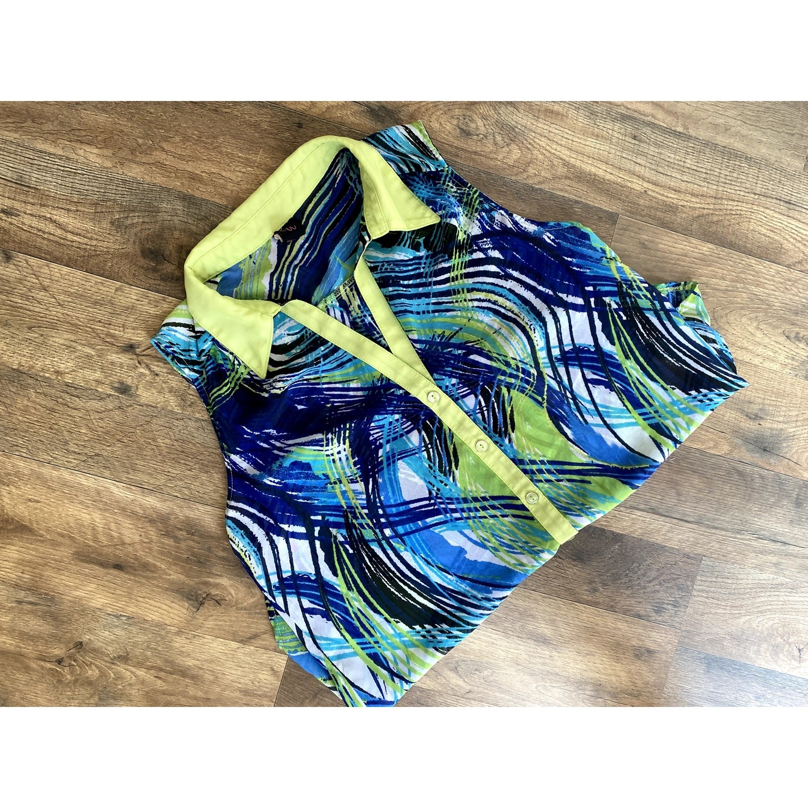 Y2K Wrapper Collared Button-up Green and Blue Pat… - image 1