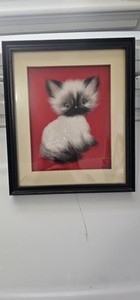 Japanese Bunka Embroidery Siamese Cat Fuzzy Art Framed 13 x 11 Rare Vintage