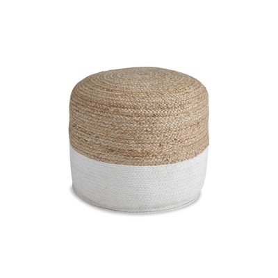 Sweed Valley Jute & Cotton Pouf, 19 x 19 Inches, Beige & White