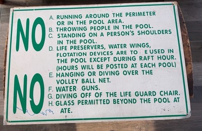 Vintage Pool Rules Sign NO Throwing People Aluminum 40x24 Swimming Club Display