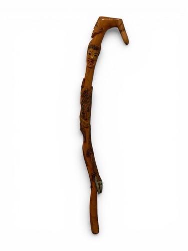 Antique Folk Art Carved Wood Walking Stick — Man’s Face, Serpent & Lizard 34”