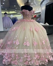 Pink Tulle Crystal Quinceanera Dress Ball Gown Applique Beaded Birthday Party