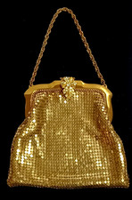 Vintage Whiting  Davis Gold Mesh Bag 1920's - 30's Jeweled Clasp 5" x 5"