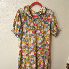 Umgee Floral Smocked V-Neck Shift Dress Cotton Woven Ruffle Sleeve L (229)