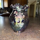 Fenton Hand Painted Carnival Glass Amethyst Purple White Flowers Signed 6.5” Tal