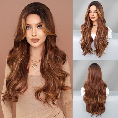 Long Wavy Wig Middle Part Highlight Synthetic Hair Fashion Full Head Curly Wigs