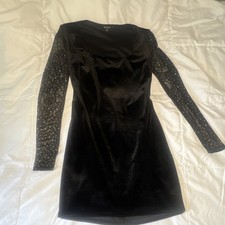 City Studio Black Velvet Studded Bodycon Dress Mesh Rhinestone Sleeves Size M