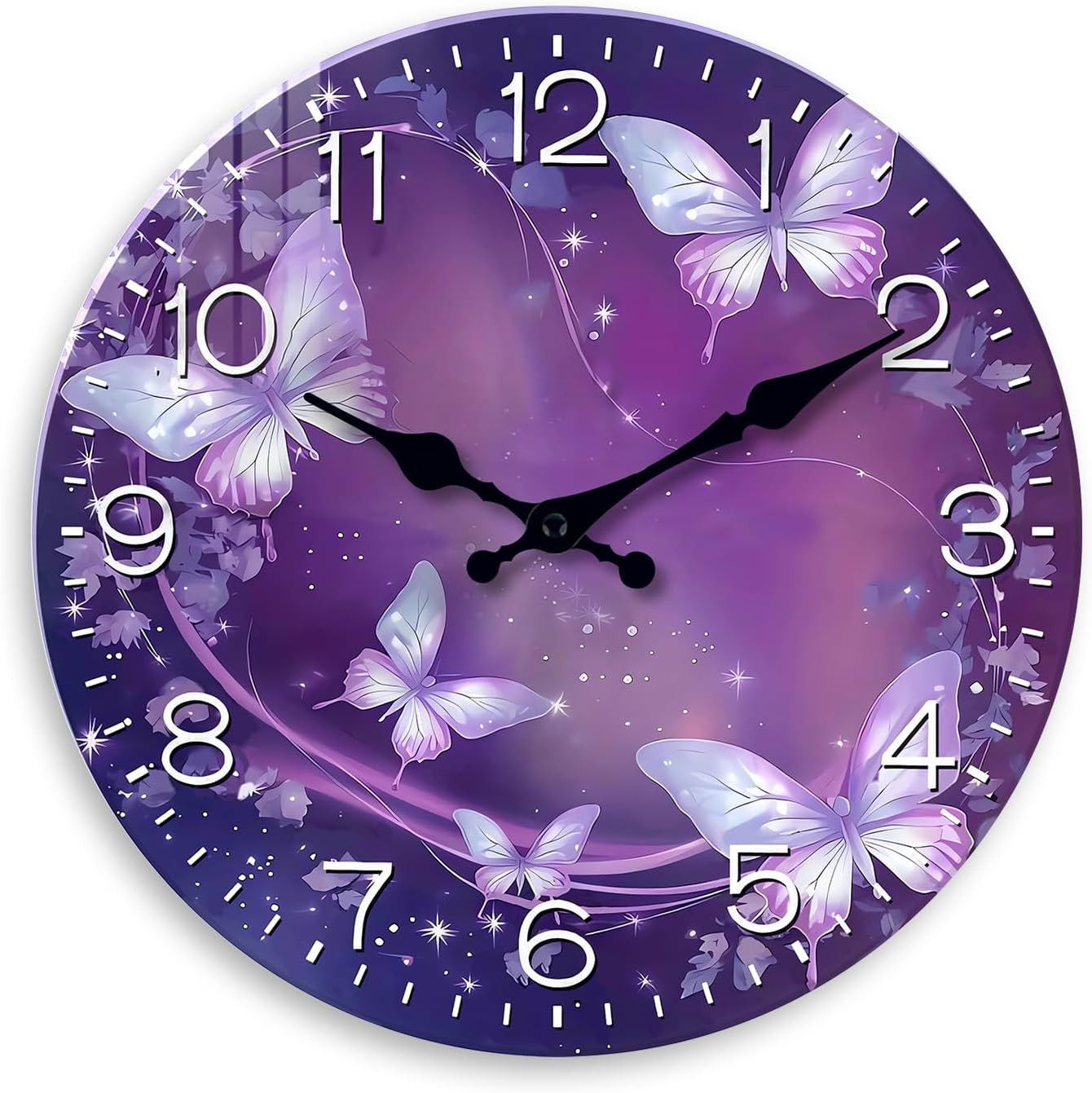 Purple Wall Clock for Girls Bedroom Analog Butterfly Wall Clocks Battery Operate